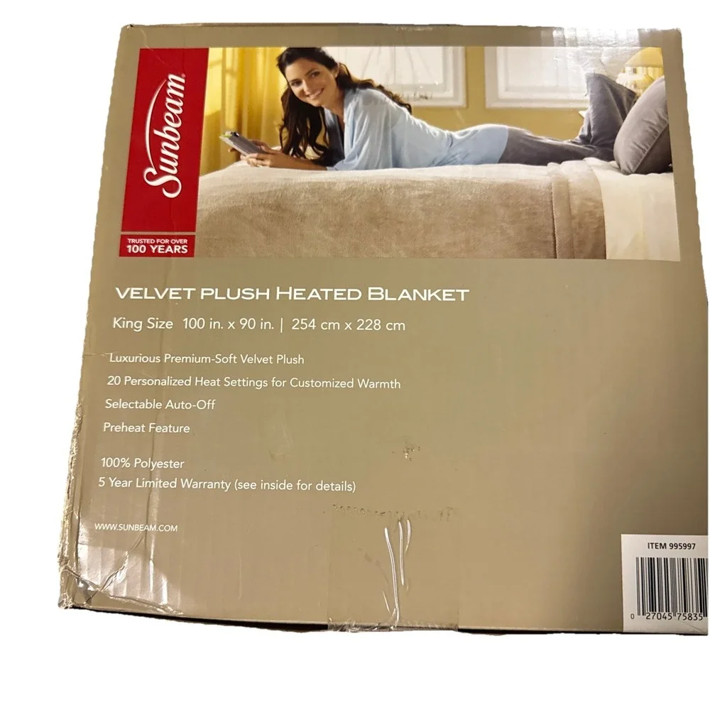 NEW Sunbeam 20 Settings Heated Velvet‎ Plush Blanket King Size 100